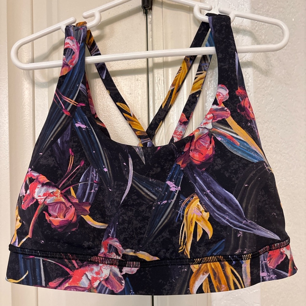 Lululemon Sports Bra Size 4 Strappy Floral Print Black Multicolor